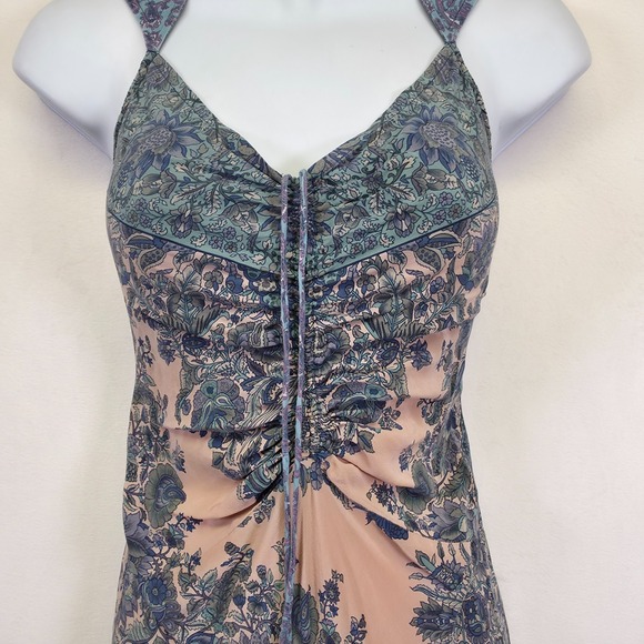 Plenty Dress Womens 4 Blue Pink Silk Chiffon Floral Paisley Ruched Timeless Midi - Picture 14 of 16